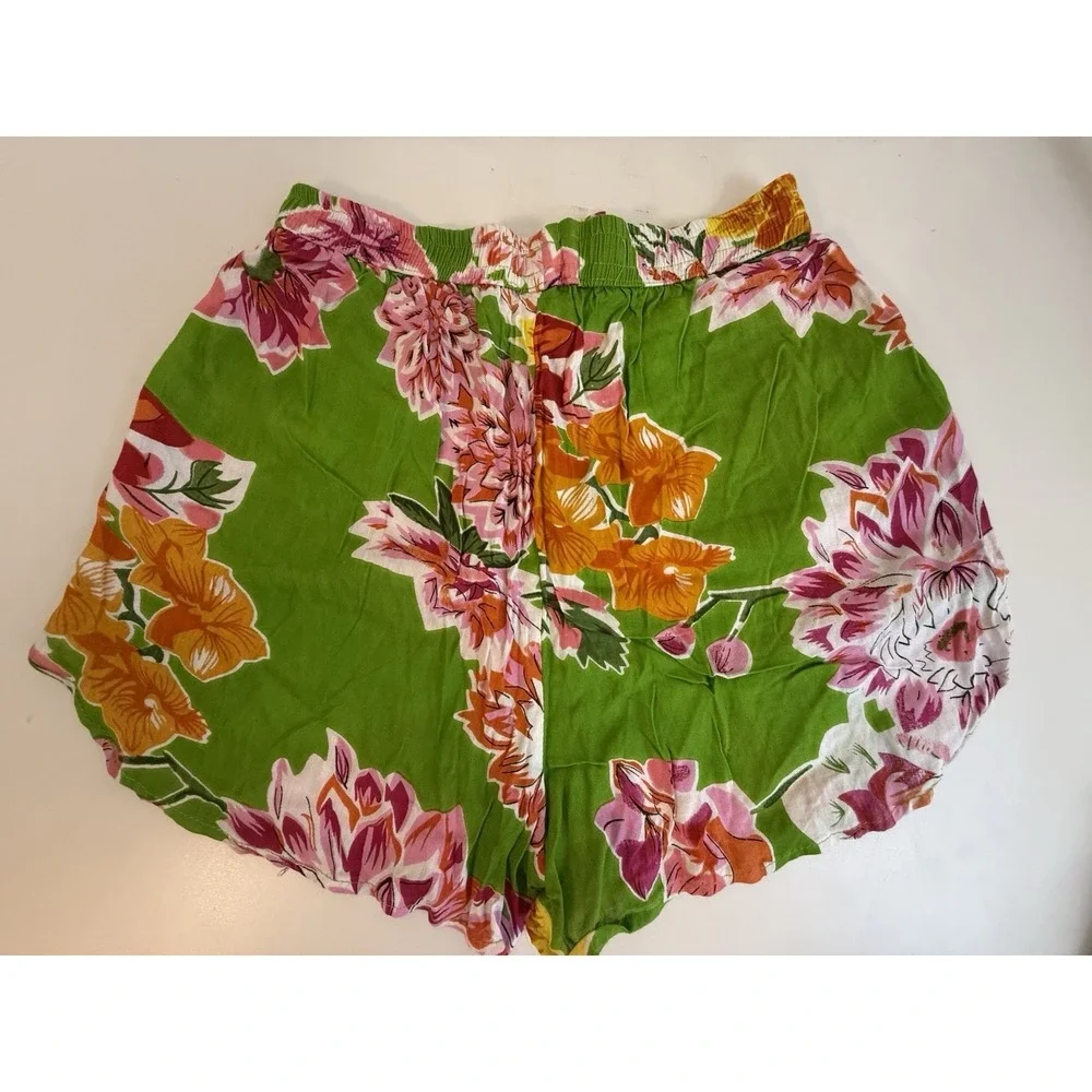 Floral Tropical Shorts Green Pink Boho Resort Beach Pull On Cotton Blend Pockets - Picture 3 of 9